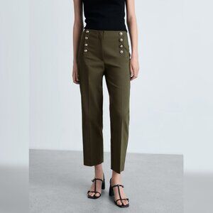 Mango Khaki Green Straight Pants with Jewel Buttons